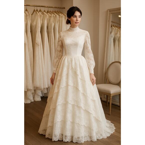 Vintage 60's 70's Victorian Lace Prairie Cottage Wedding Gown Dress High Neck - Picture 2 of 16